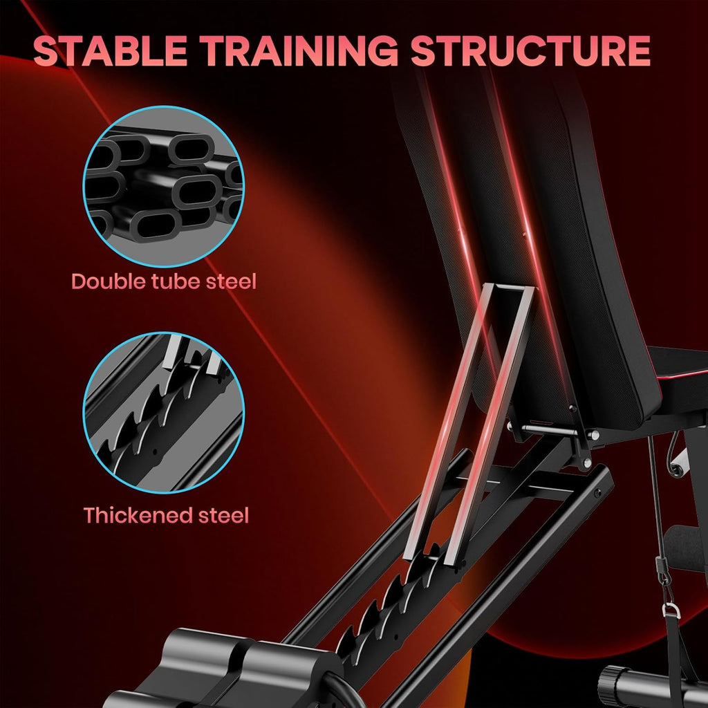 Banc de musculation avec structure d'entraînement stable mise en valeur, doté d'une double structure tubulaire en acier et de composants en acier renforcé.