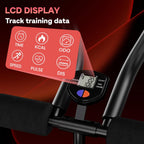 Console de vélo d'exercice avec écran LCD affichant diverses données d'entraînement sur fond noir