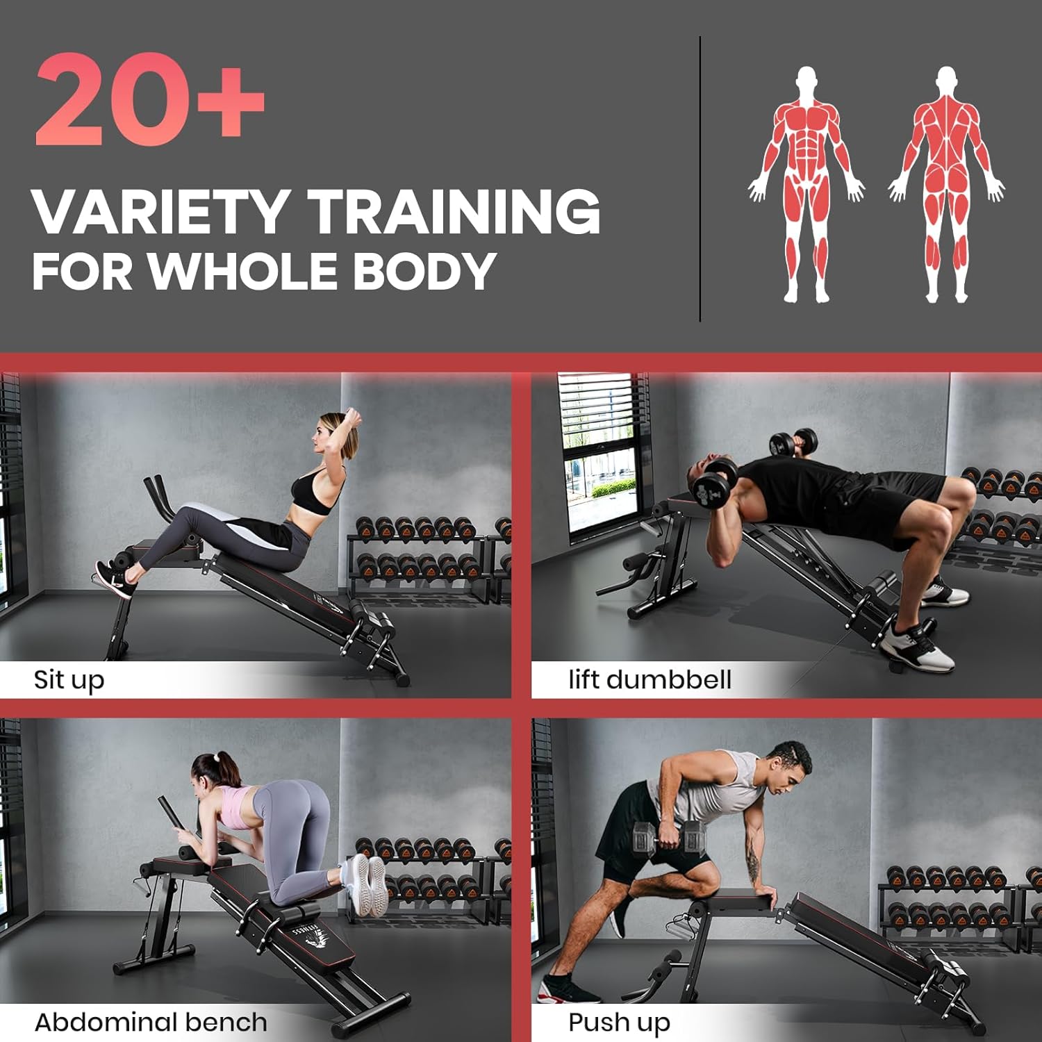 Salle de sport avec des personnes faisant de l'exercice et texte sur la variété des entraînements pour tout le corps.