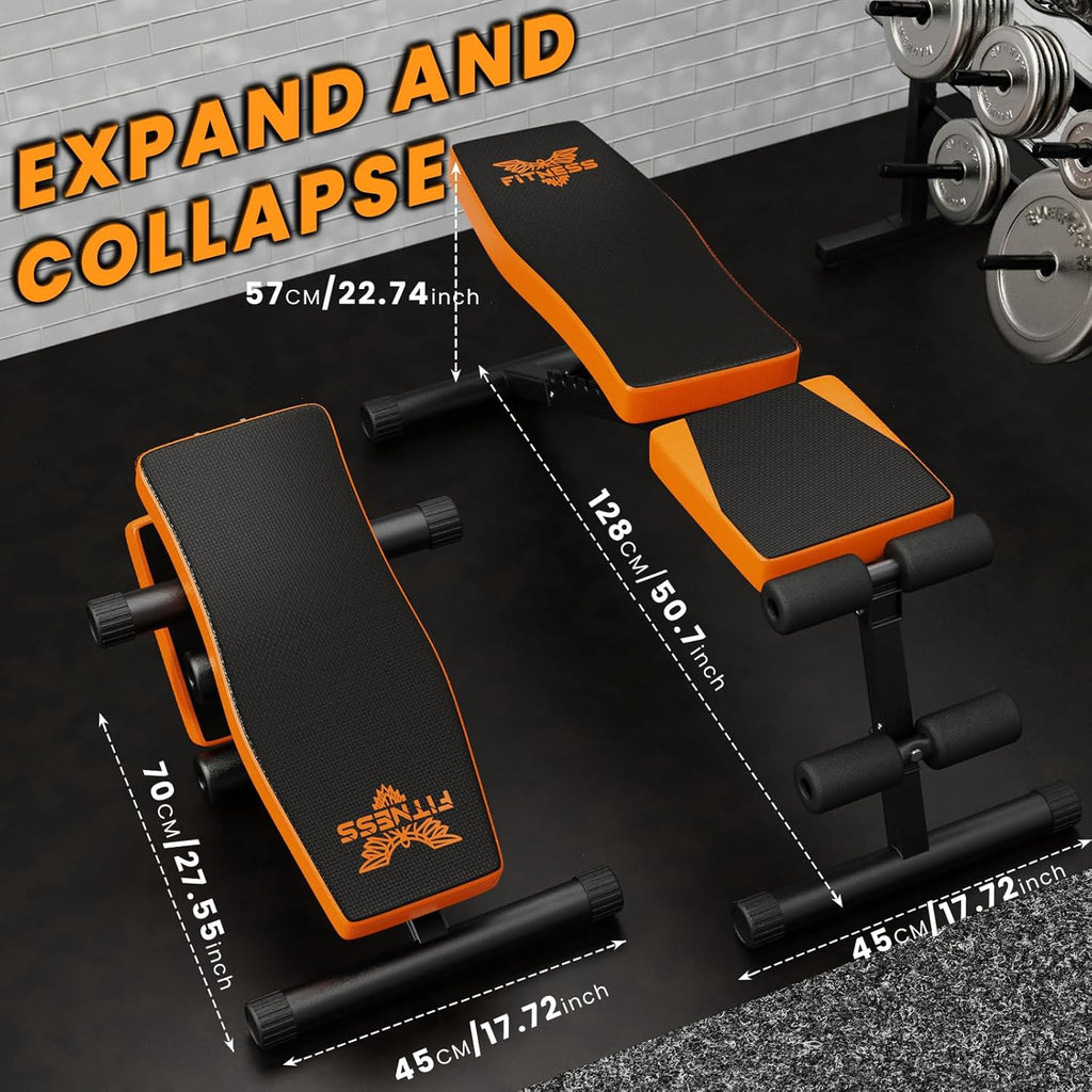 Banc de musculation réglable orange et noir avec graduations sur fond sombre