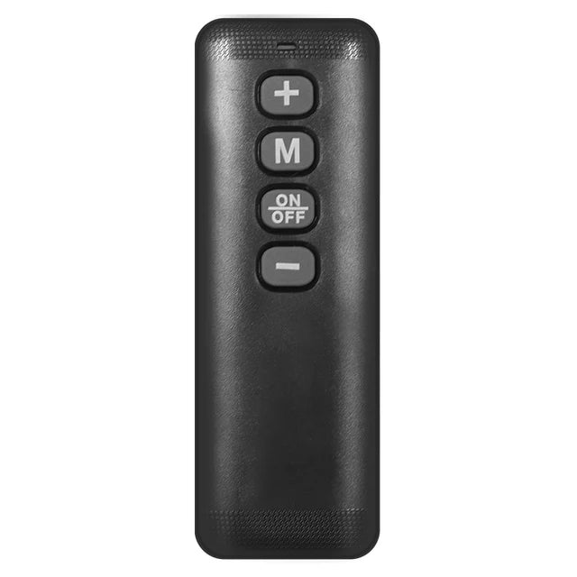 Black remote control with buttons on a white background
