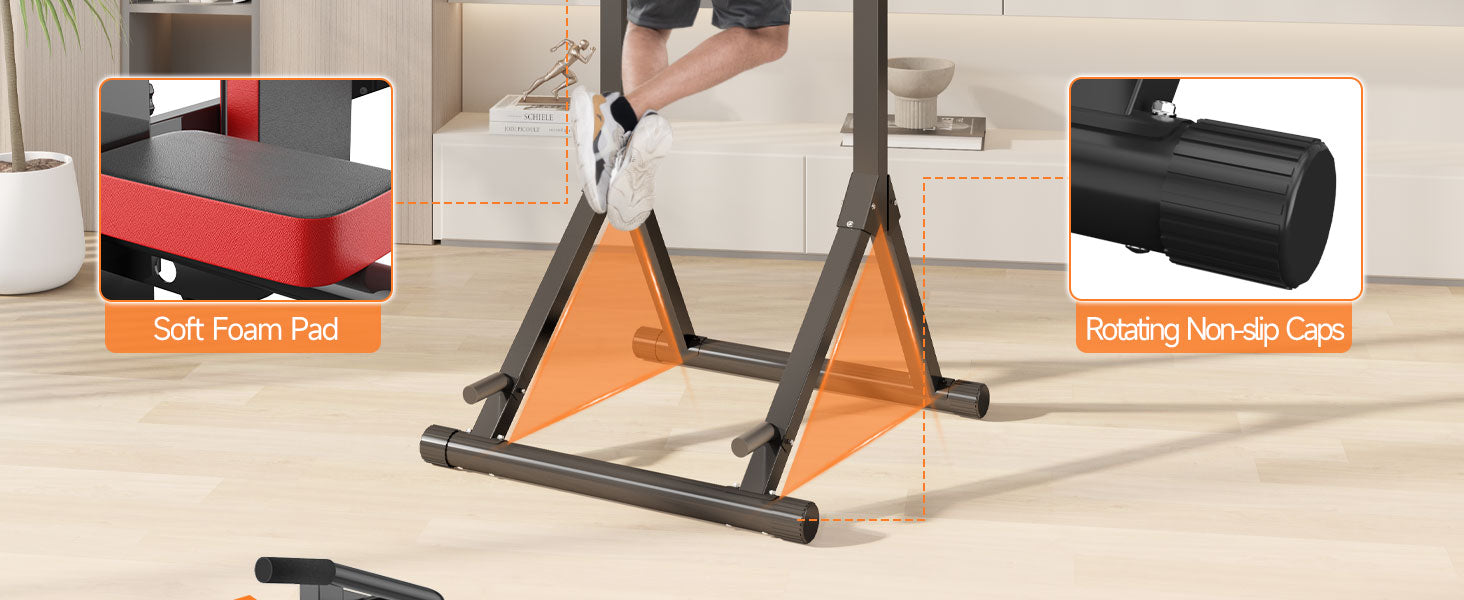 Tour de musculation avec coussin en mousse souple et embouts antidérapants rotatifs sur un plancher en bois.