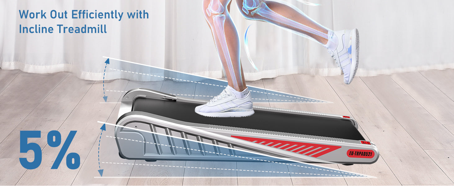 Tapis roulant incliné avec une personne qui l'utilise, montrant les os des jambes sur un fond transparent.