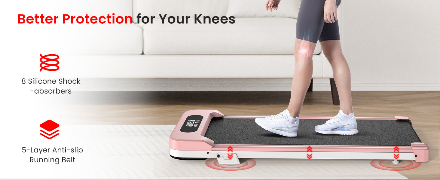 Personne utilisant un appareil de fitness à domicile, avec un texte concernant la protection des genoux et les caractéristiques du produit.