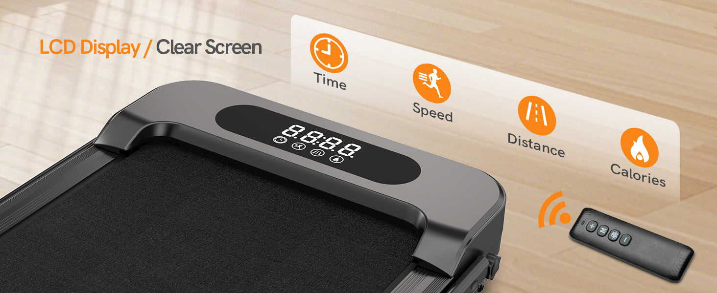 Tapis roulant avec affichage numérique et télécommande sur une surface en bois