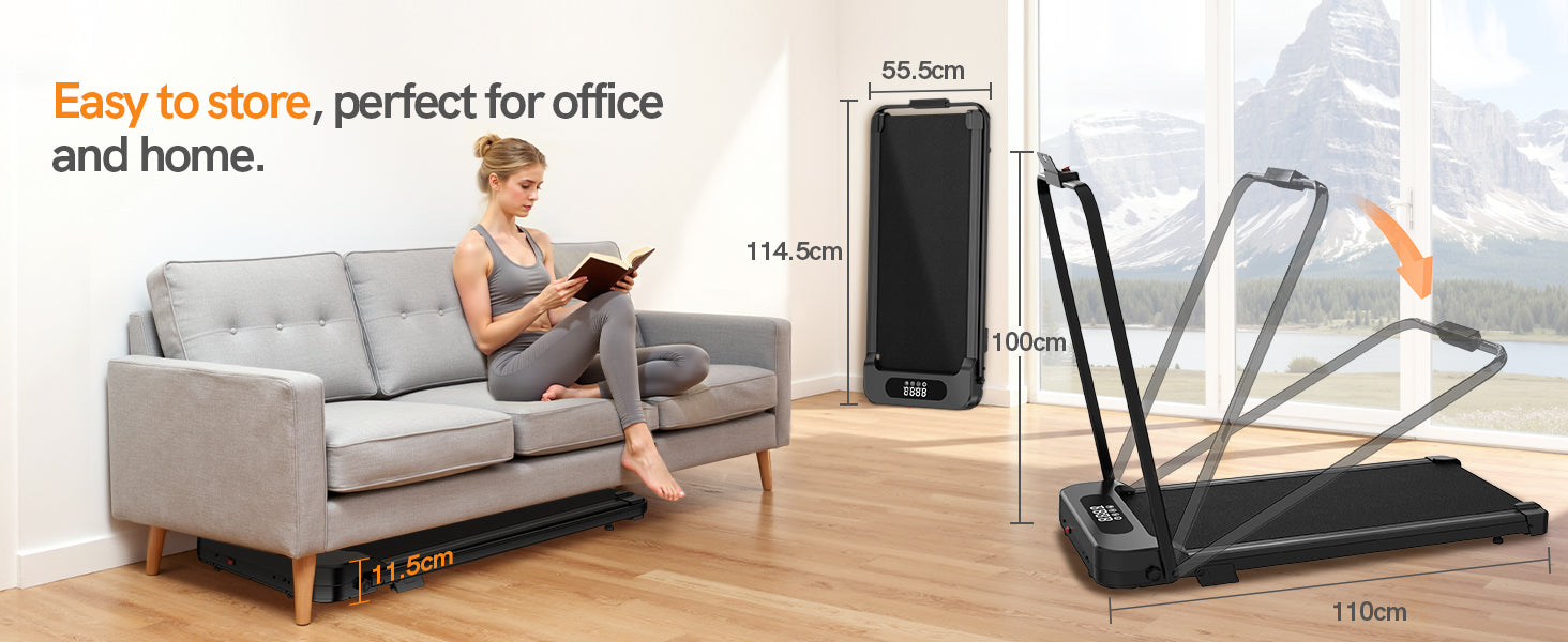 Une femme lit sur un canapé, un tapis roulant se trouvant à côté, ce qui permet d'en visualiser les dimensions.