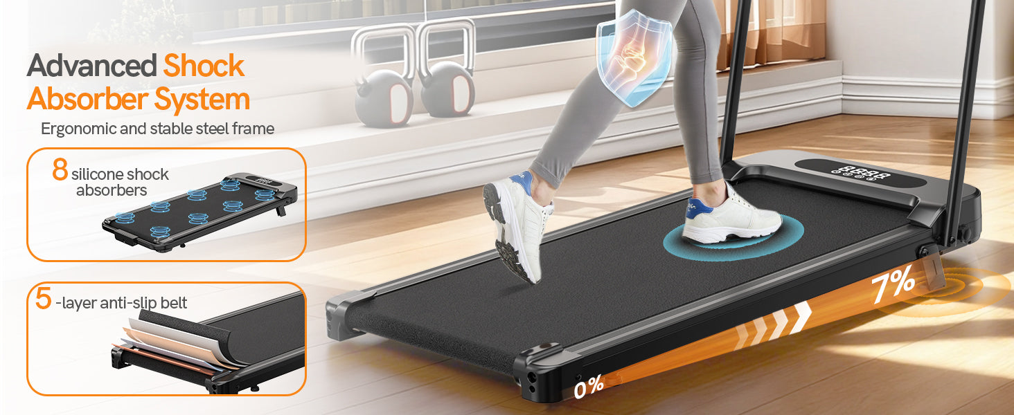 Personne utilisant un tapis roulant portable dont les fonctionnalités sont mises en évidence à l'écran.