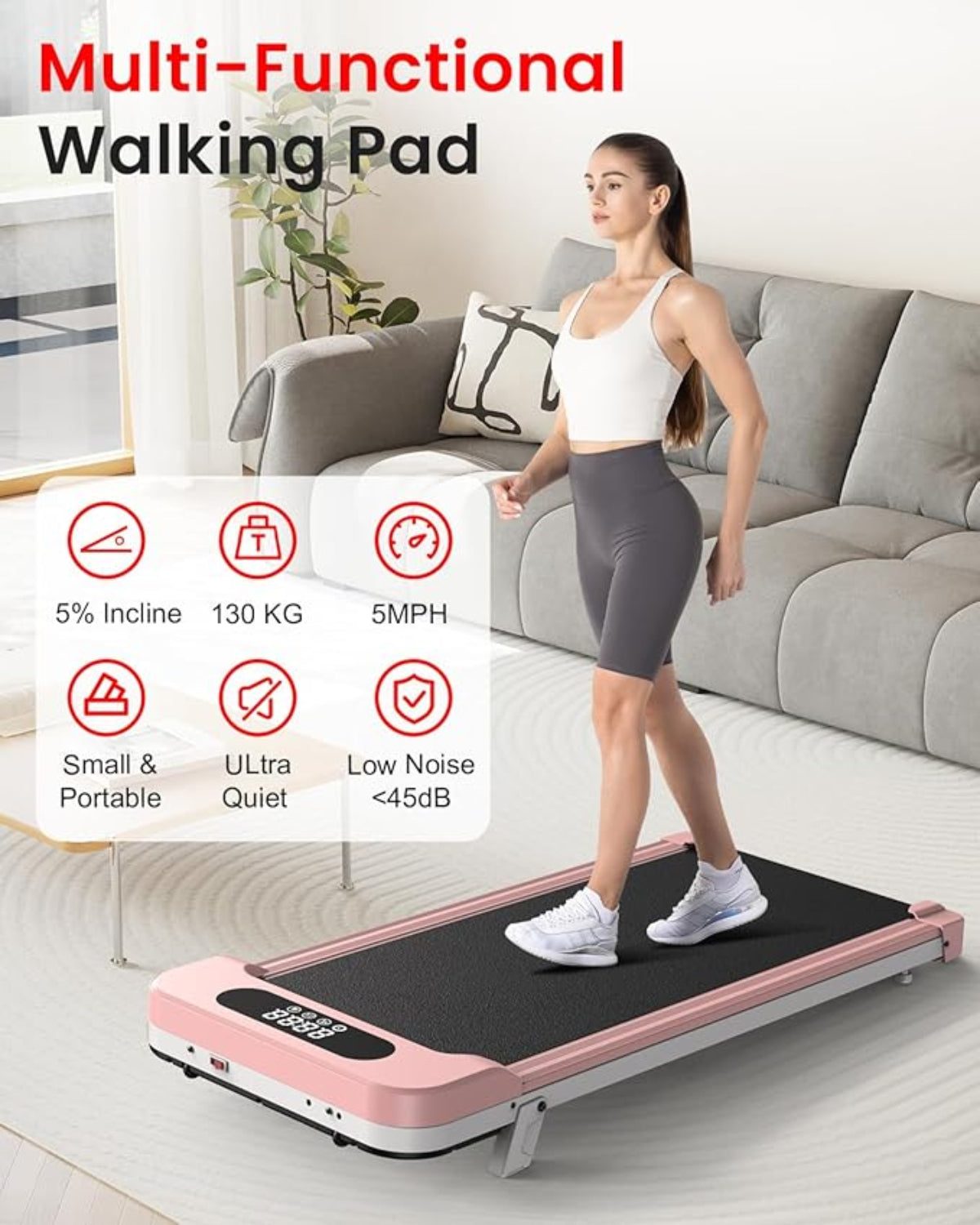 Une femme utilise un tapis de marche multifonctionnel rose dans un salon.