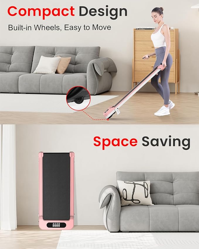 Femme utilisant un appareil peu encombrant dans un salon, avec un texte soulignant sa conception compacte et sa facilité de déplacement.