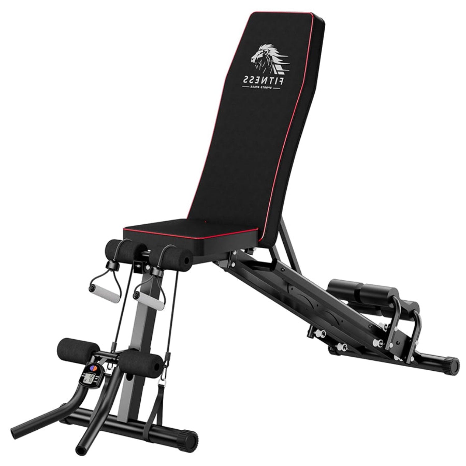 Banc de musculation noir avec des accents rouges sur fond blanc