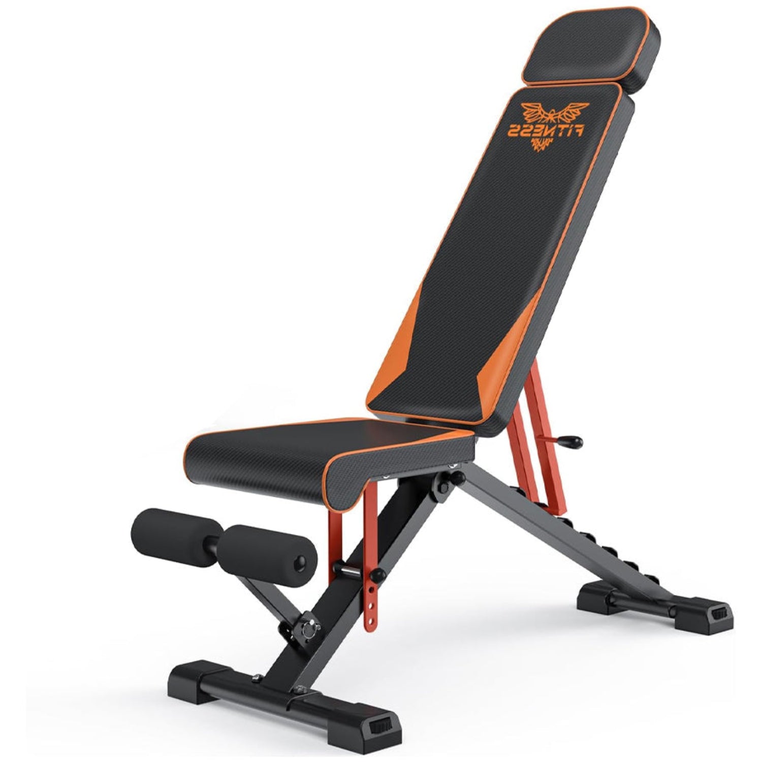 Banc de musculation réglable noir et orange sur fond blanc