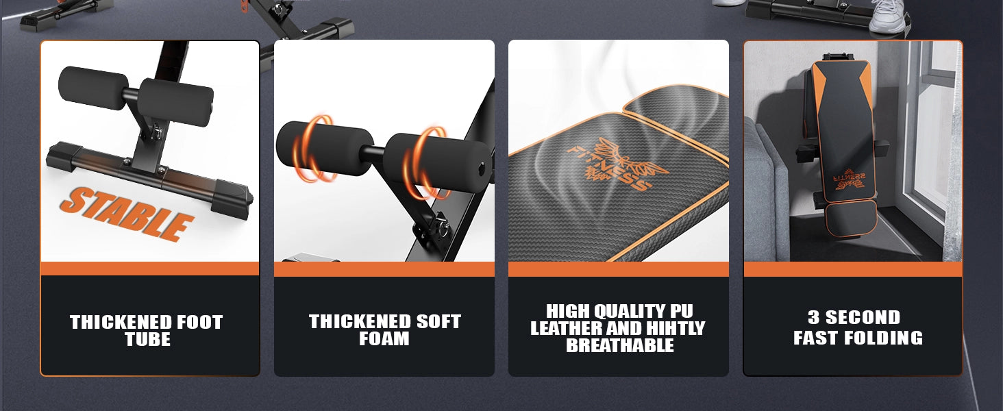 Caractéristiques du produit d'un banc de fitness avec texte mettant en évidence les éléments de conception.