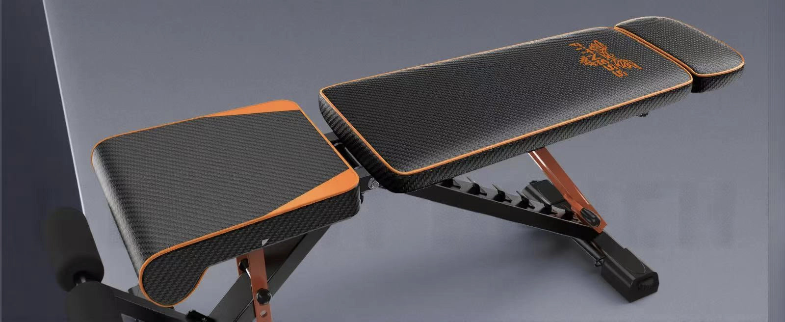 Banc de musculation réglable avec motif noir et orange sur fond gris