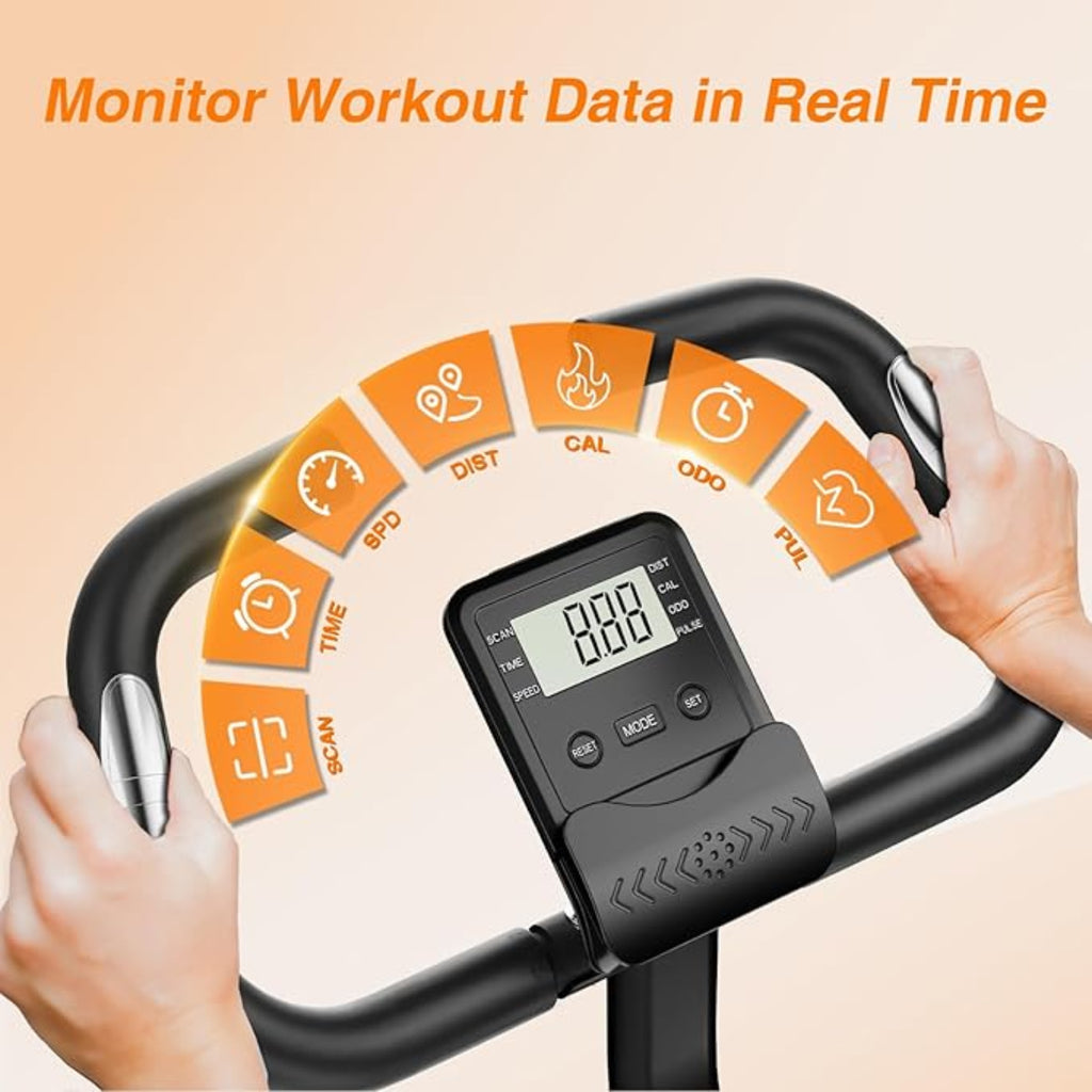 Appareil électronique portable avec écran numérique et icônes orange sur fond beige