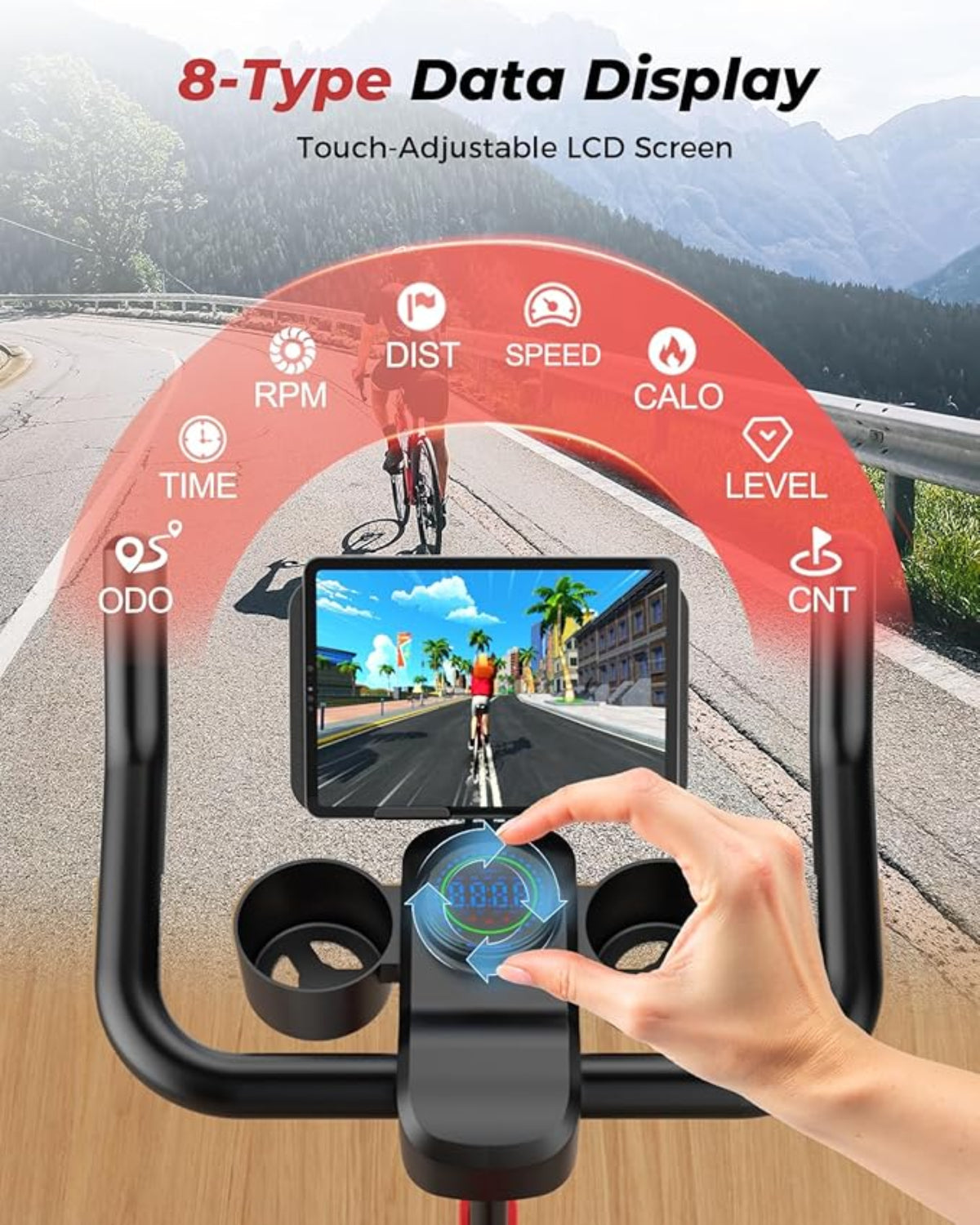 Ordinateur de vélo avec écran LCD tactile affichant diverses données de cyclisme sur fond de route.