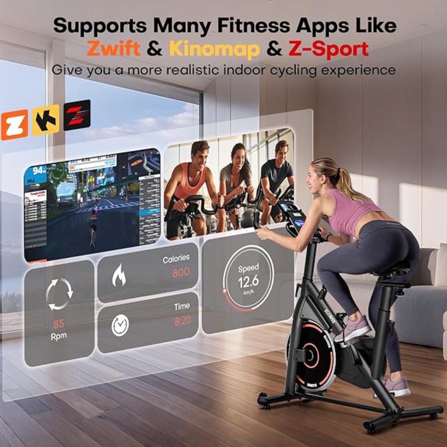 Femme utilisant un vélo stationnaire avec des interfaces d'application de fitness superposées sur un fond de salon moderne.
