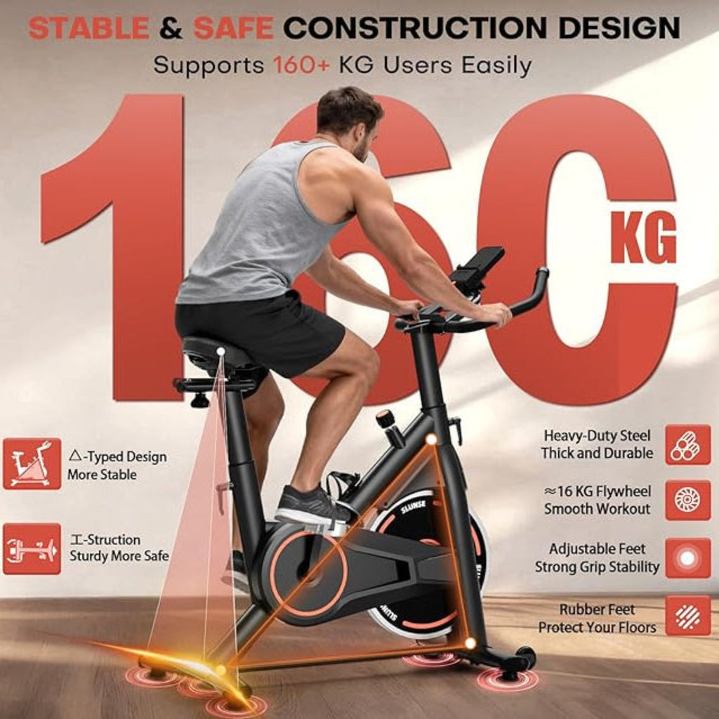 Personne utilisant un vélo stationnaire avec un texte mettant en évidence ses caractéristiques et sa capacité de poids.