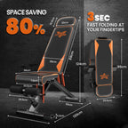 Banc de gym réglable et peu encombrant, avec dimensions et détails de pliage sur fond sombre.