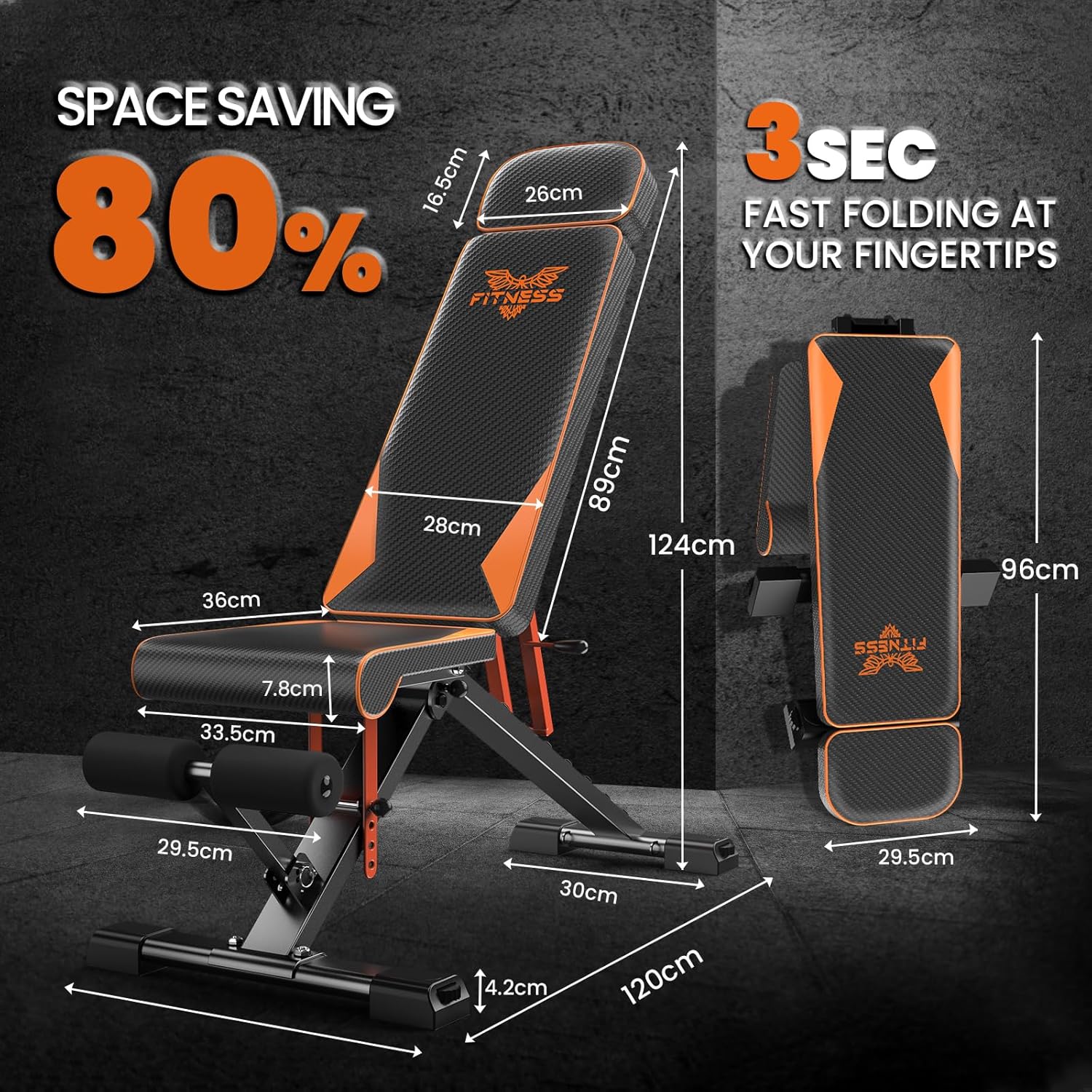 Banc de gym réglable et peu encombrant, avec dimensions et détails de pliage sur fond sombre.